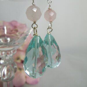 Rose Quartz Swiss Blue Teardrop Crystal Dangle Sterling Silver Earrings E6